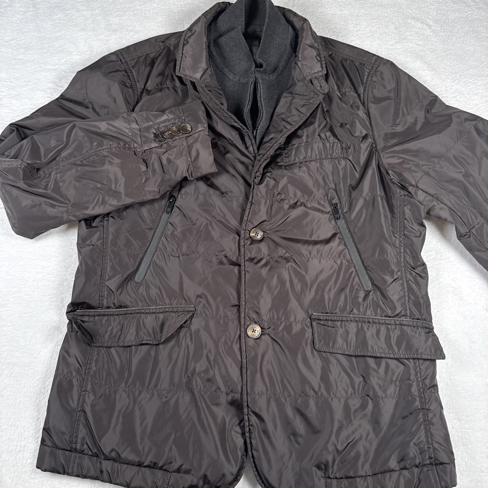 Massimo Dutti Mens L Quilted Blazer Jacket Gray Brown Polyester Puffer Coat